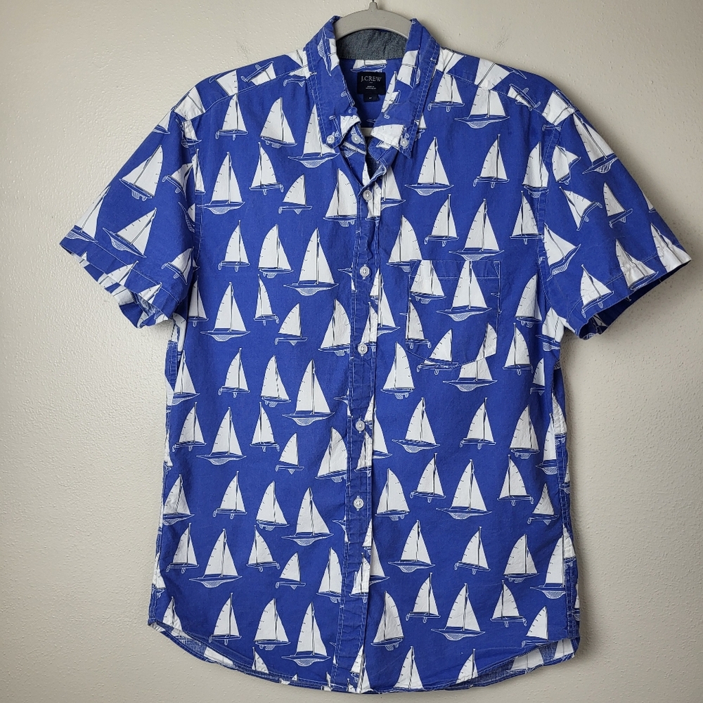 J Crew Short Sleeve Sailboat Button Up‎ Shirt Cotton Men's Size Medium